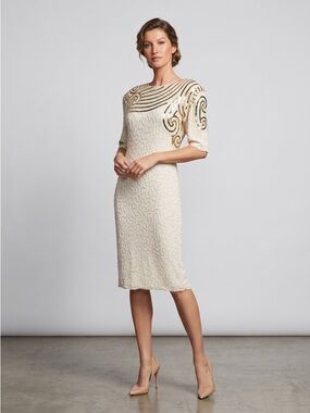 🌻VINTAGE Ivory & Gold Raiment Silk Beaded & Sequined Cocktail Dress Size Medium